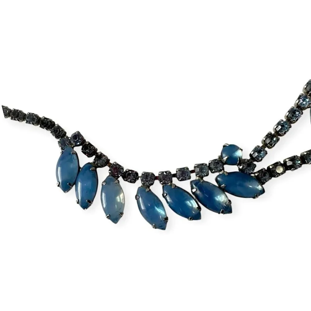 1950s Vintage Blue Moonglow Glass & Rhinestone Necklace